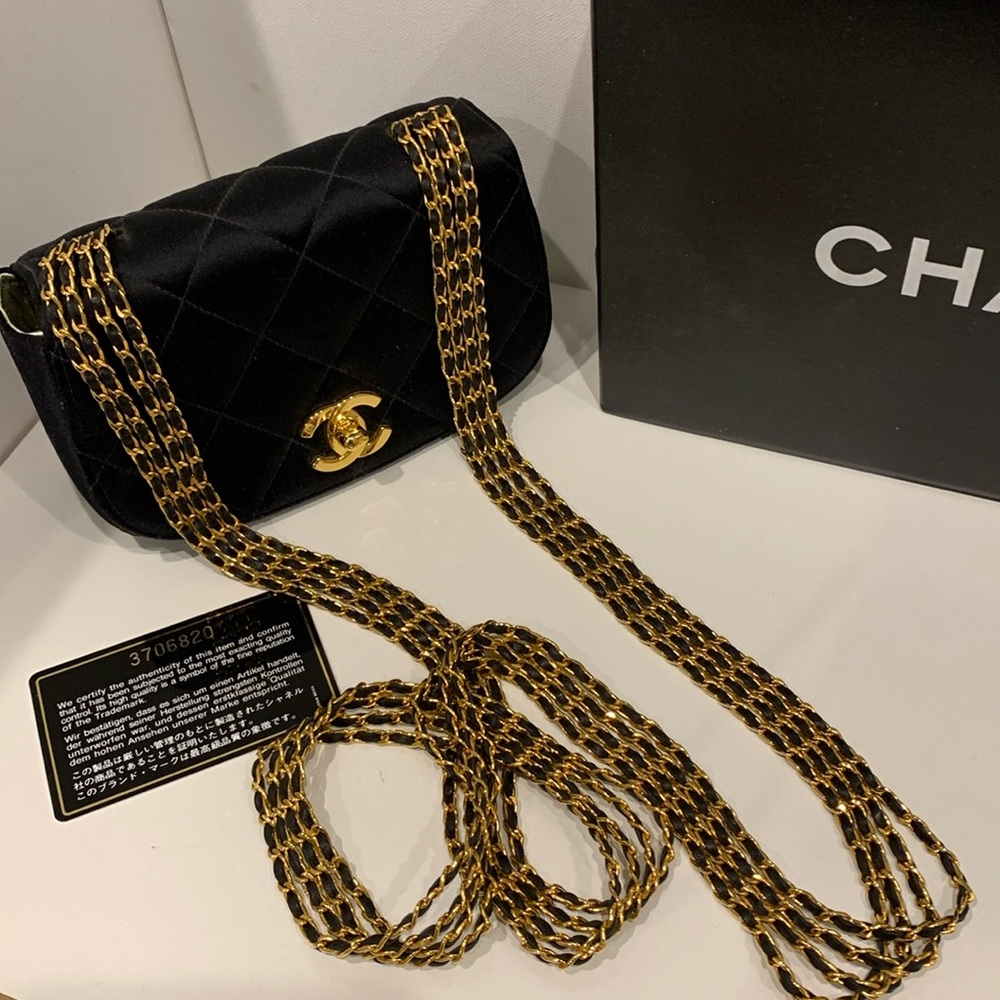 Rare🖤 CHANEL Vintage 3 Series Quilted Silk Satin Leather Bag 4Chain Real Gold HW